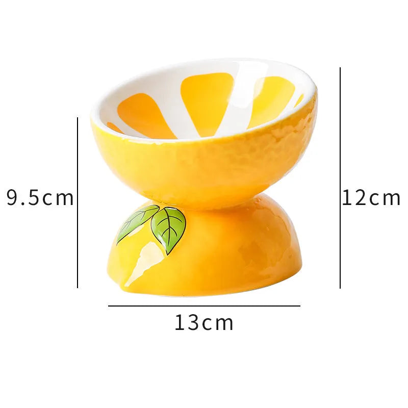 Orange patterned ceramic elevated cat bowl on a white surface