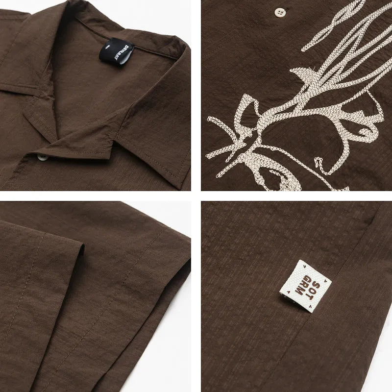 Brown coffee striped waterproof Cuban collar short sleeve shirt for mountain camping
