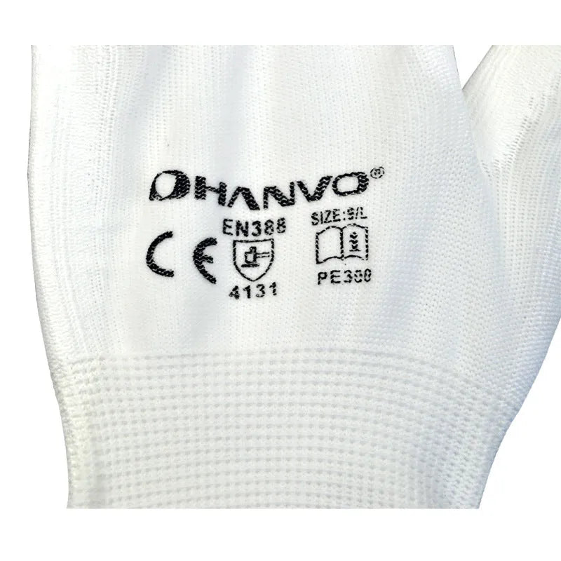 White PU coated work gloves showing flexible construction and 24cm length