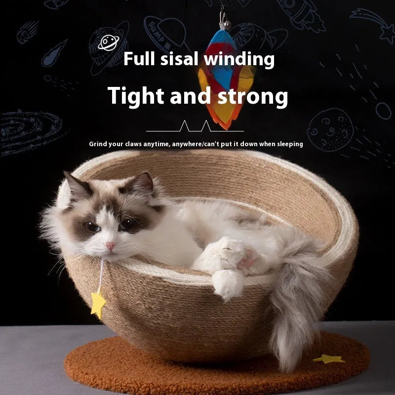 Large integrated cat scratching basin and nest with sisal rope post and flannel bed in Starlight Sisal Nest colour.