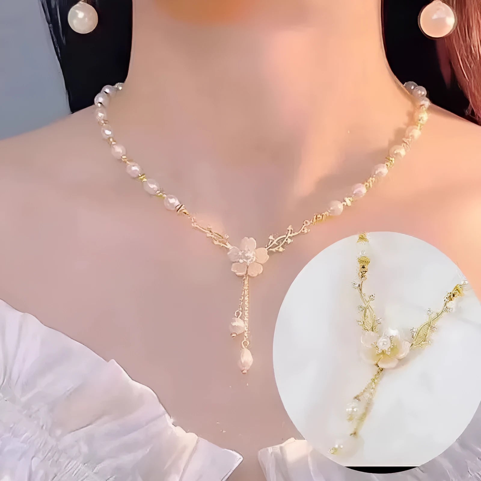 Pearl flower coloured alloy necklace with rose and floral chain design for women's fashion and office wear