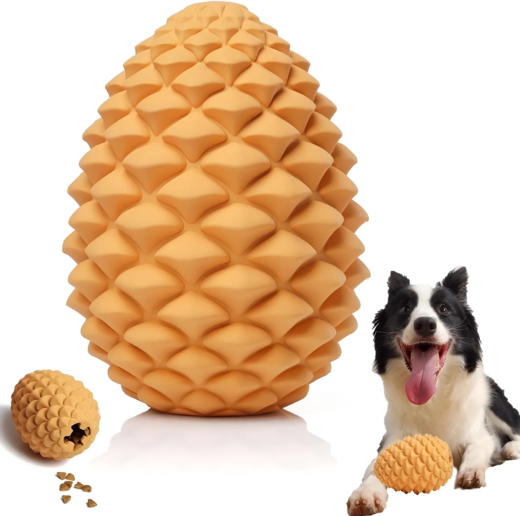 Yellow pine cone shaped dog chew toy with treat dispenser for medium and large breed dogs