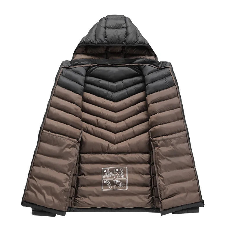 Men's lightweight down jacket with detachable hood in black, army green or blue with zippered pockets
