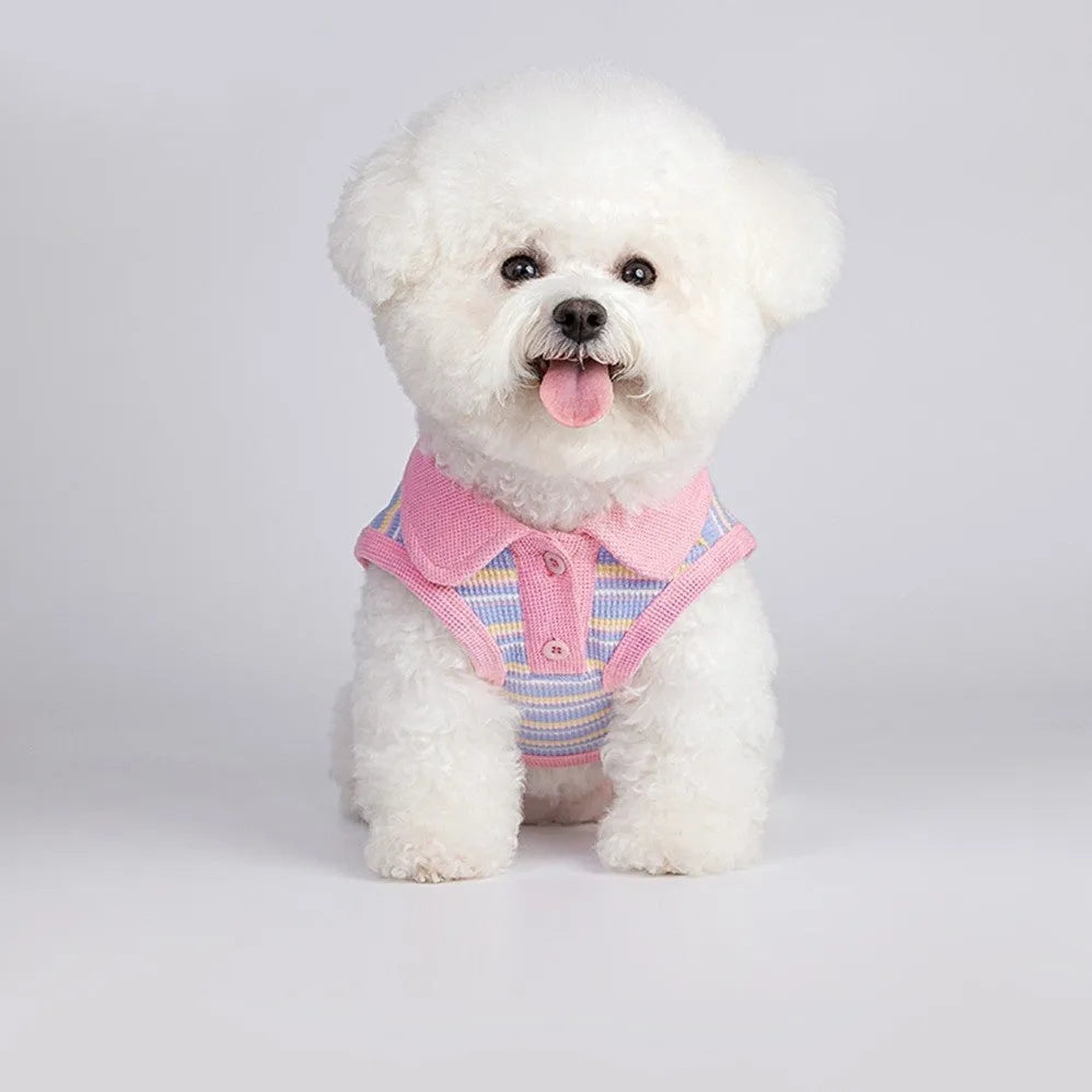 Pink purple autumn vest for small dogs showing weight-based sizing options