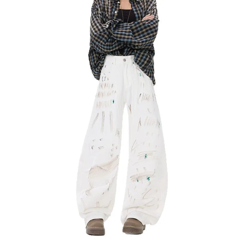 White dirty graffiti machete jeans for women straight leg mid-rise non-stretch denim cotton