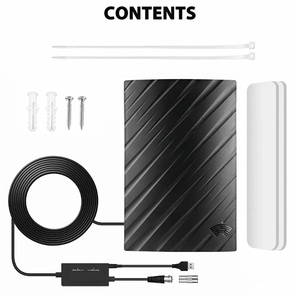 Black indoor digital television antenna with mounting accessories including expansion tubes and screws