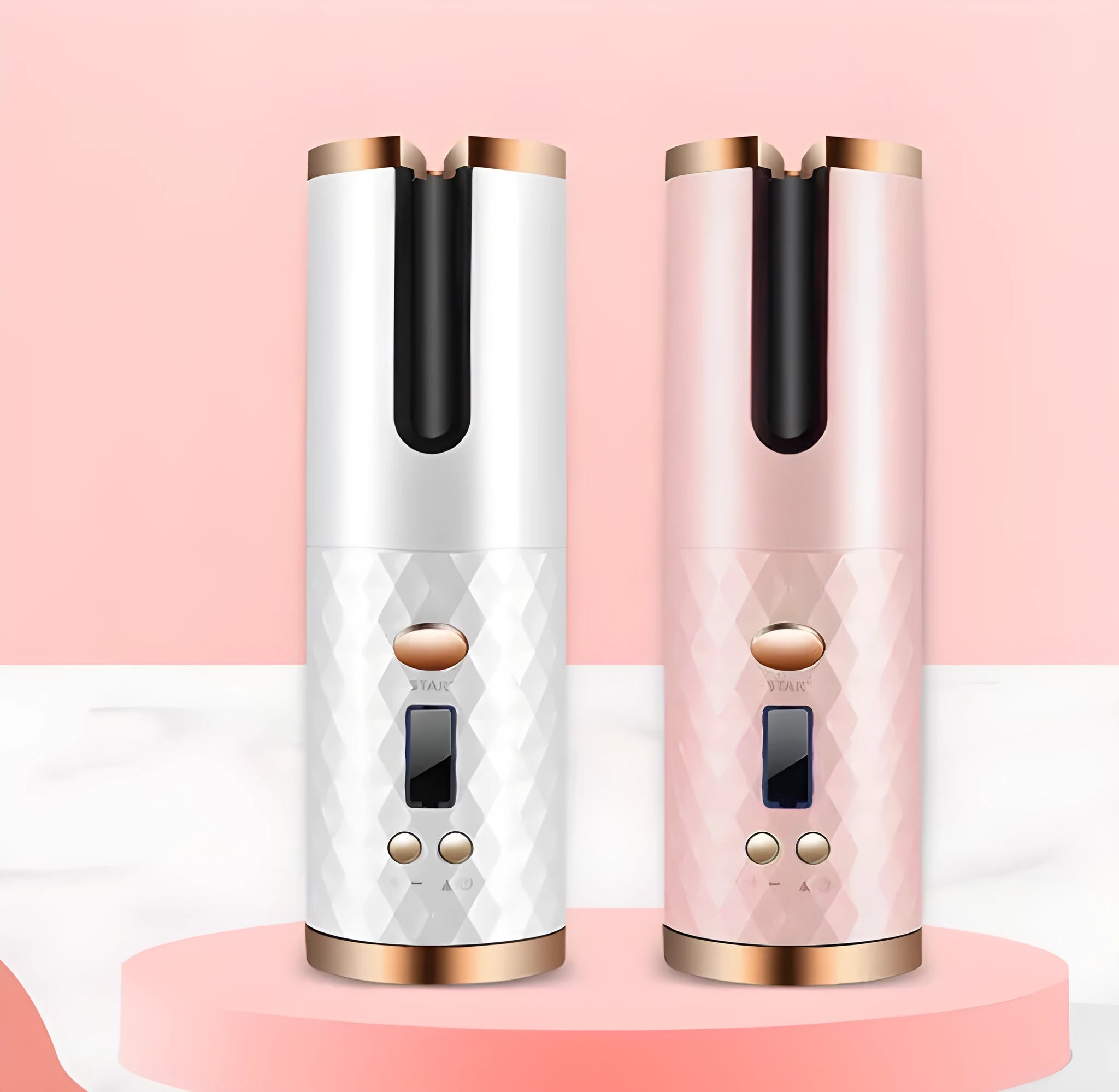 White portable wireless USB charging mini curling iron with gold ceramic barrel and temperature control buttons