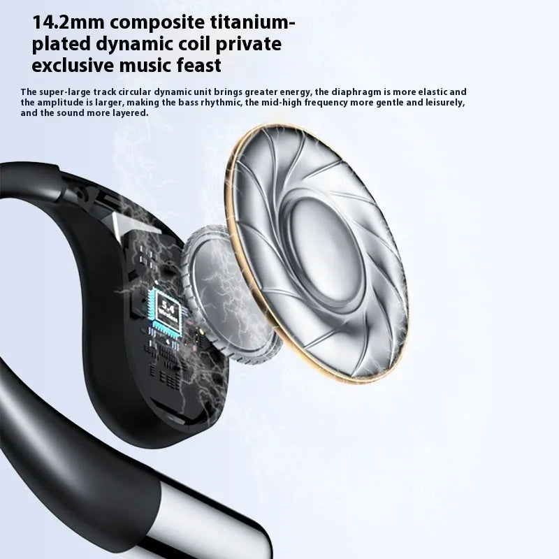 Beige and black portable sports Bluetooth earphones with over-ear hook design on a white background.