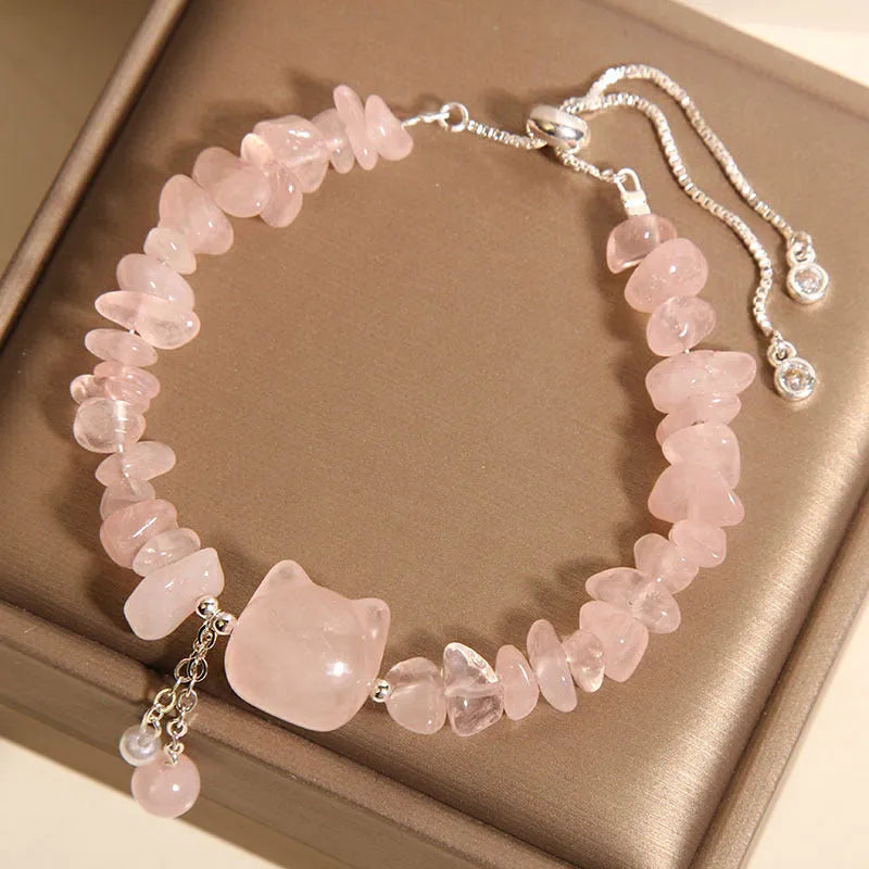 Pink crystal gravel kitten bracelet for women light luxury style