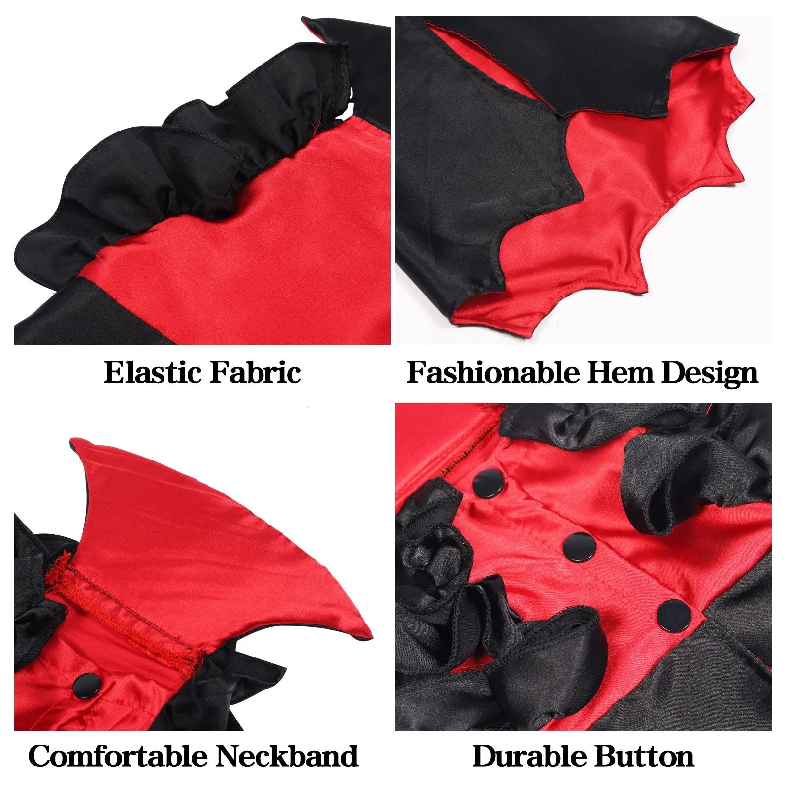 Cat wearing black and red vampire Halloween costume, two-legged style with polyester spandex fabric