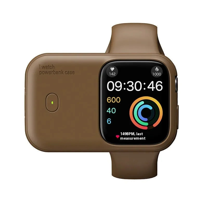 Apple Watch portable charging case power bank in brown, midnight blue, or starlight colour with silicone protection case.
