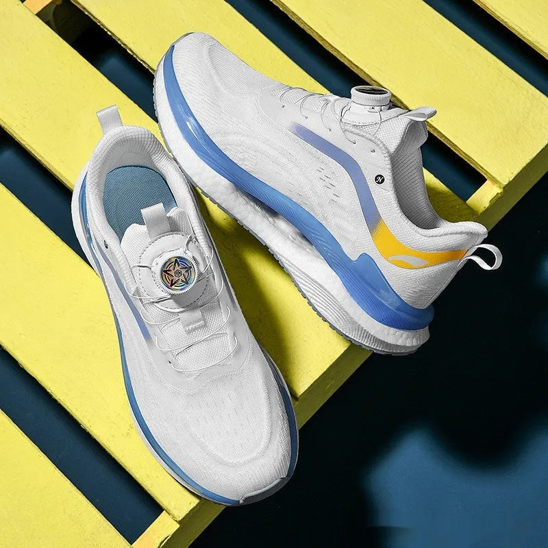 Men's high-top running shoes with mesh upper in cotton candy colour showing buckle closure and composite sole