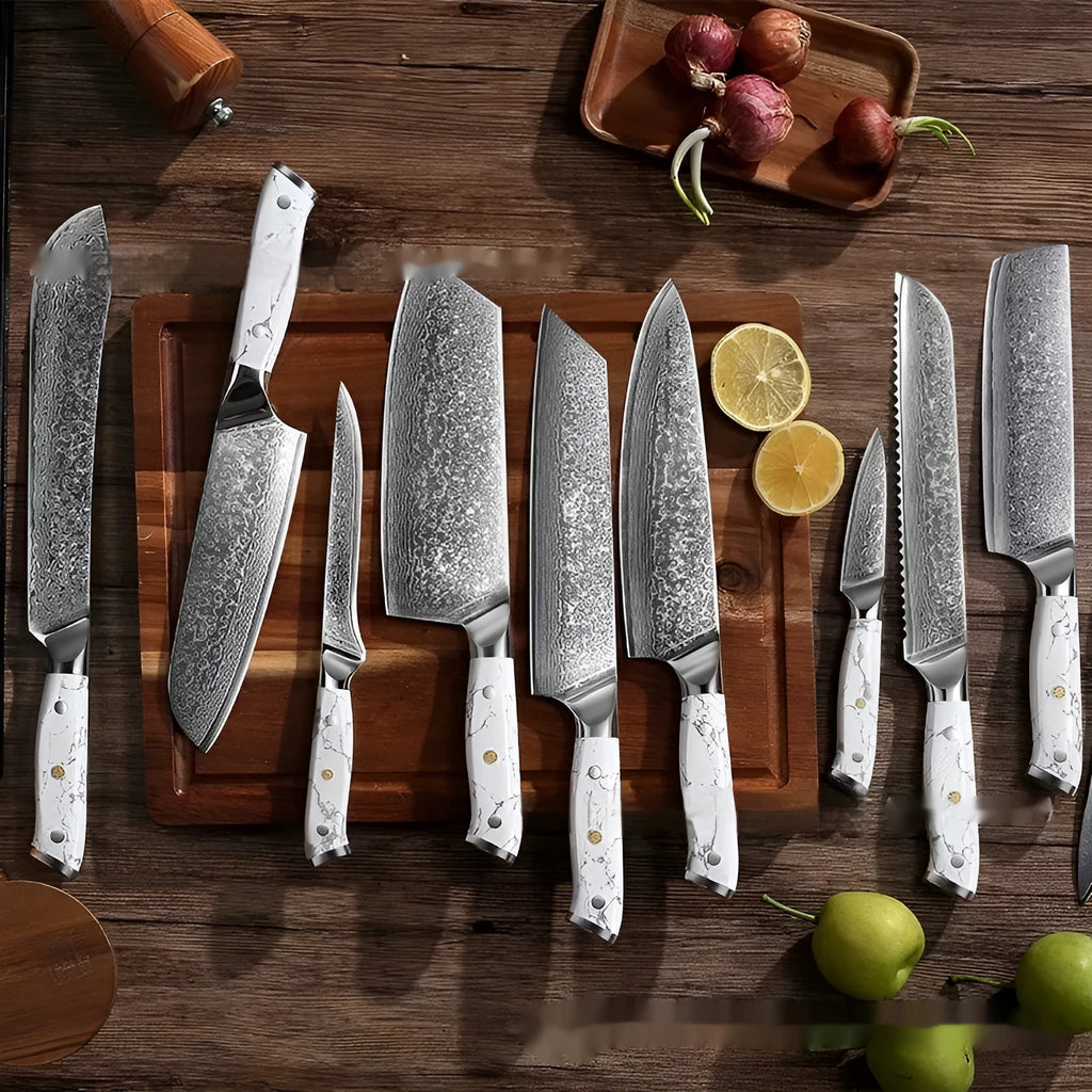 VG10 Damascus steel chef's knife with 21cm blade on a kitchen counter.