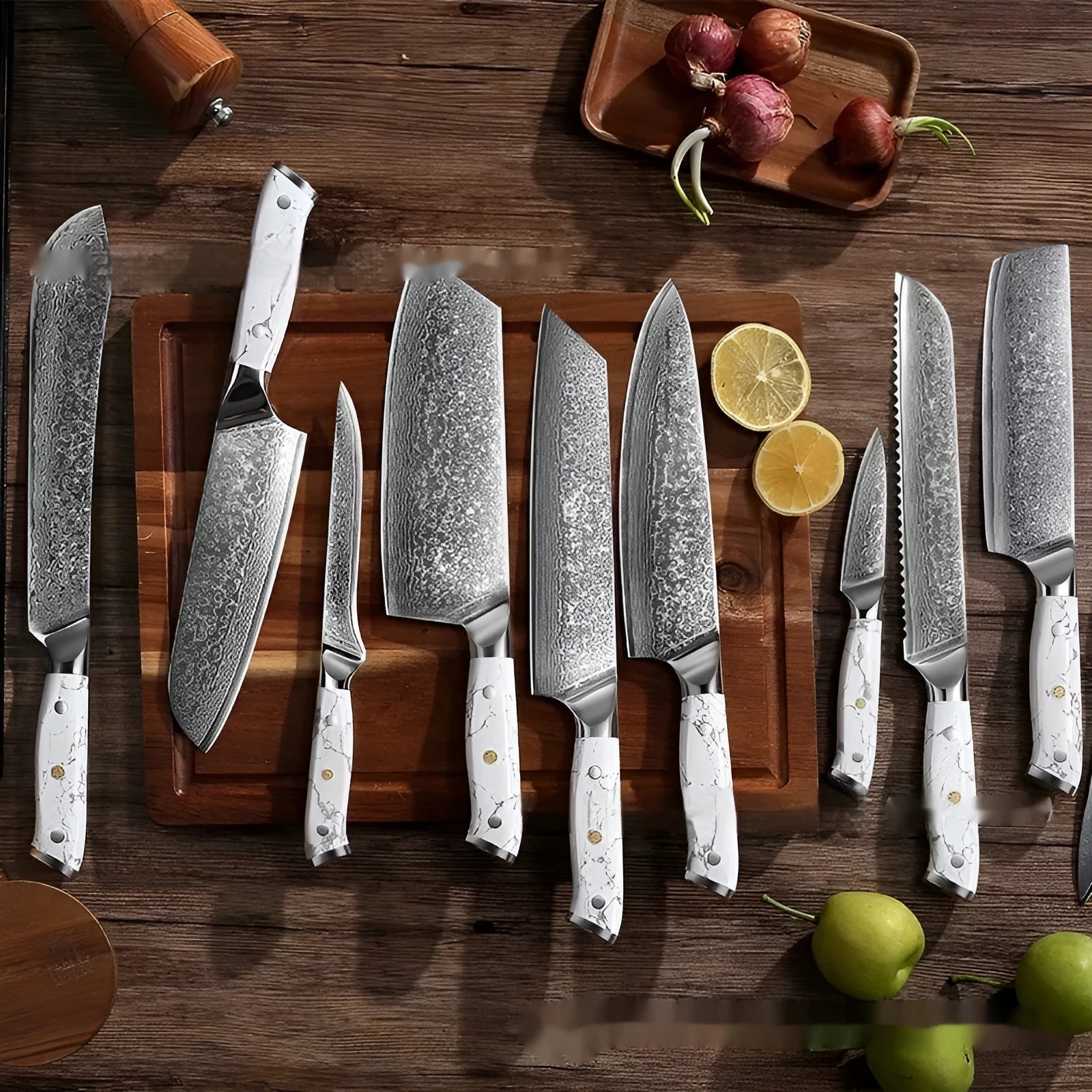 VG10 Damascus steel chef's knife with 21cm blade on a kitchen counter.
