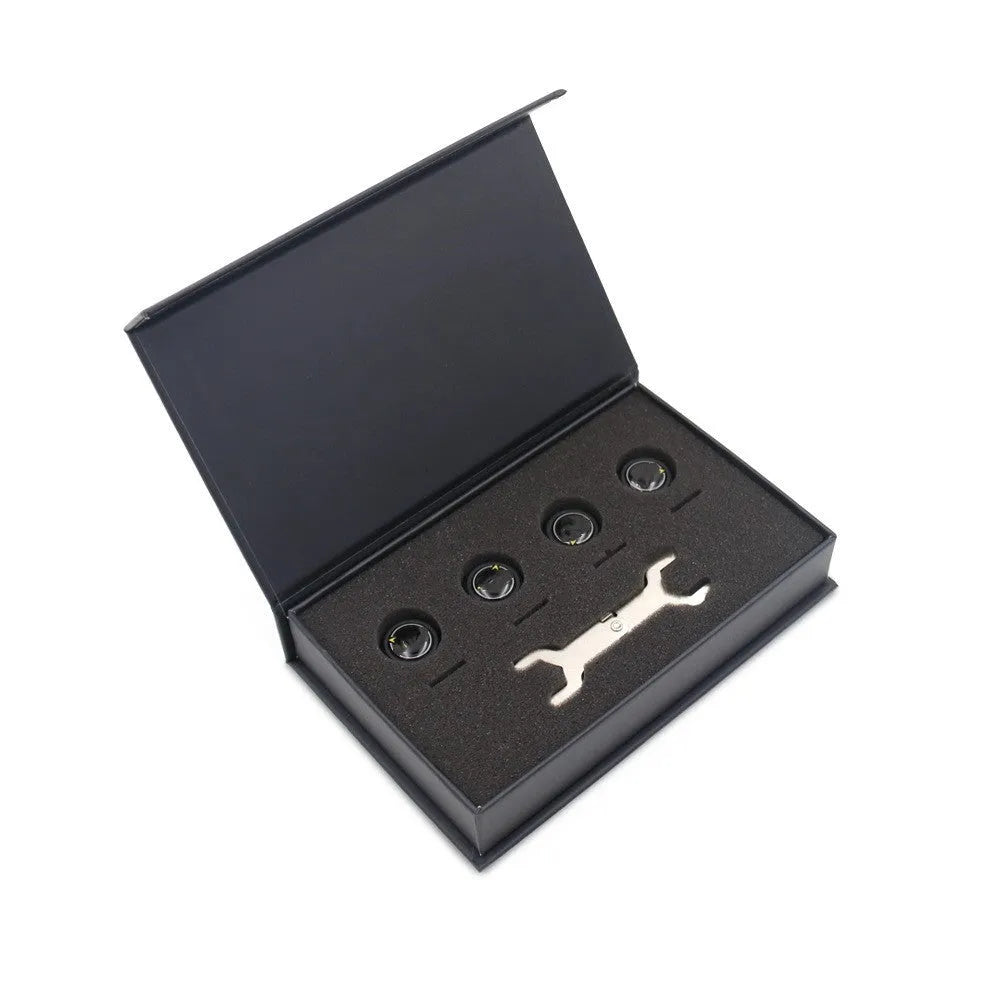 Bluetooth automotive tyre pressure monitor system with four external sensors, wrench, and anti-theft screws