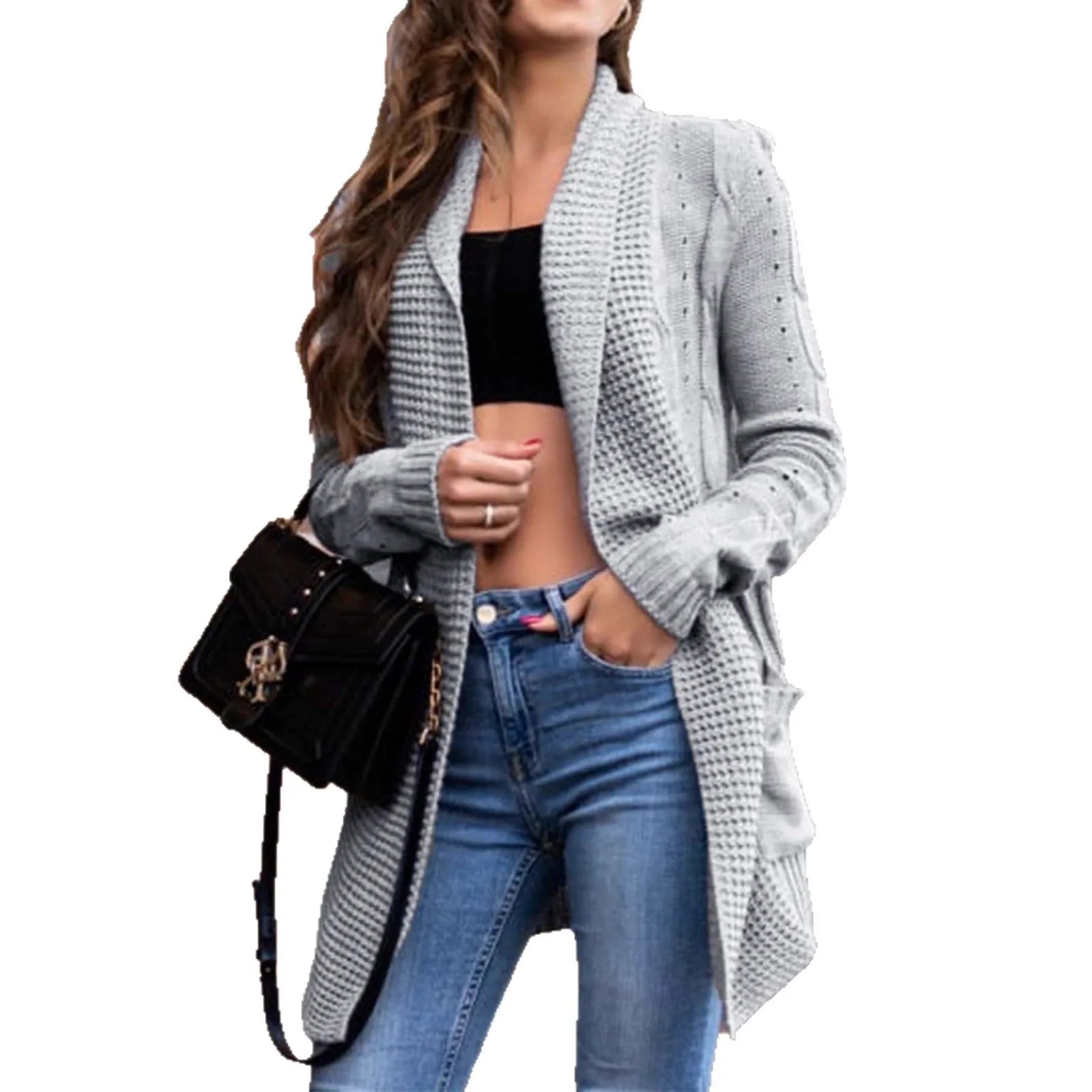 Grey women's loose-fit cardigan coat with long sleeves and pockets.