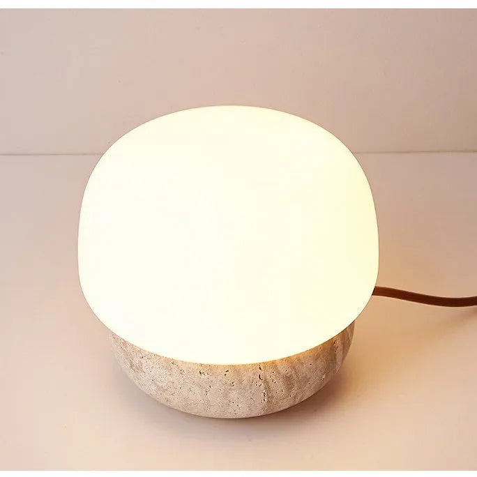 Cream retro bedside lamp with button switch measuring 18cm by 17cm on wooden table