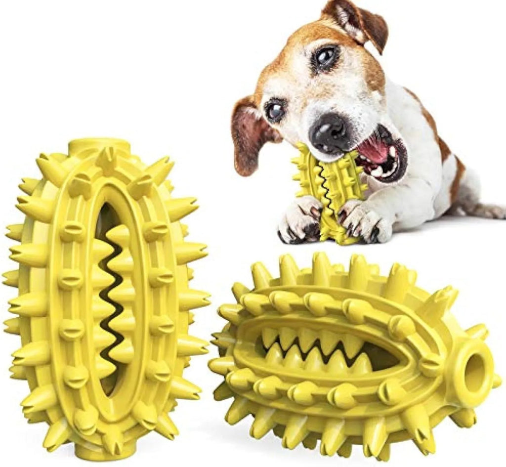 Green or yellow cactus-shaped dog toothbrush chew toy made from food-grade rubber on a white background.