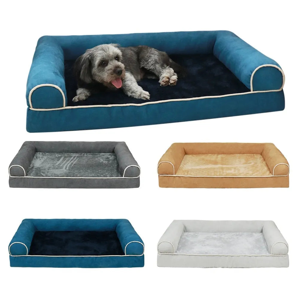 Square blue cloth dog bed with sponge filling, shown in a home setting.