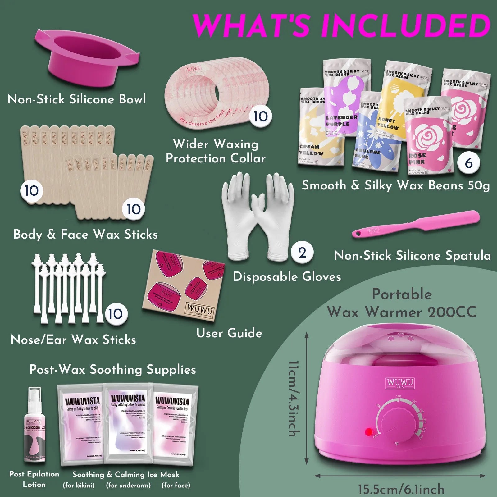 WUWUVISTA 56-piece professional waxing kit with smart warmer, six wax formulas, silicone applicators, and aftercare products