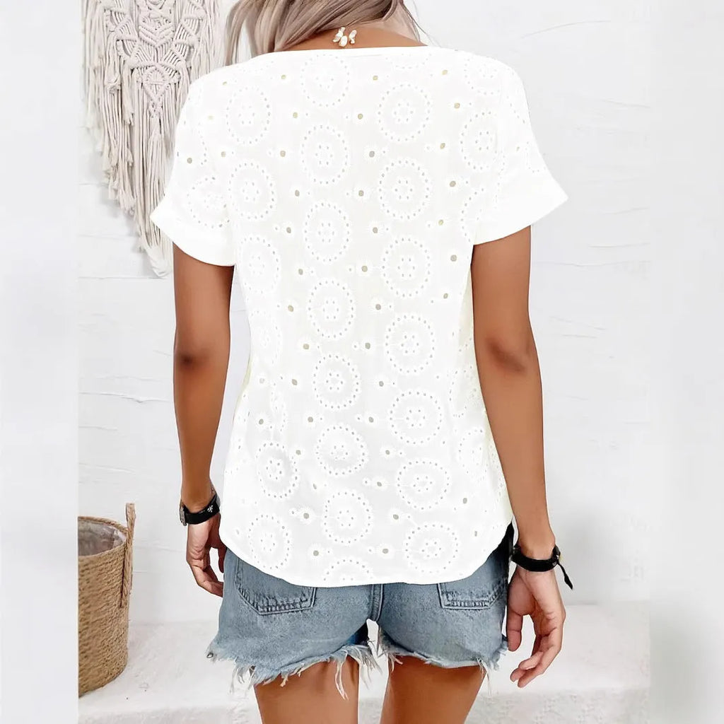 Women's white V-neck t-shirt with hollow-out detailing, loose fit casual style