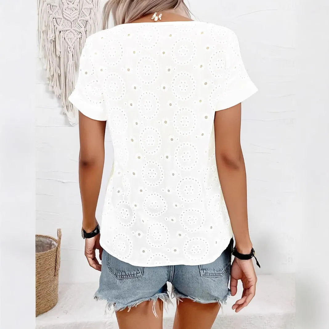 Women's white V-neck t-shirt with hollow-out detailing, loose fit casual style