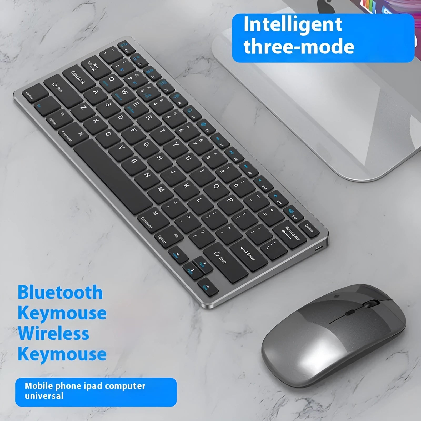 Black ultra-thin wireless keyboard and mouse set with rechargeable feature and keyboard cover