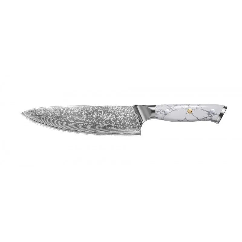 VG10 Damascus steel chef's knife with 21cm blade on a kitchen counter.
