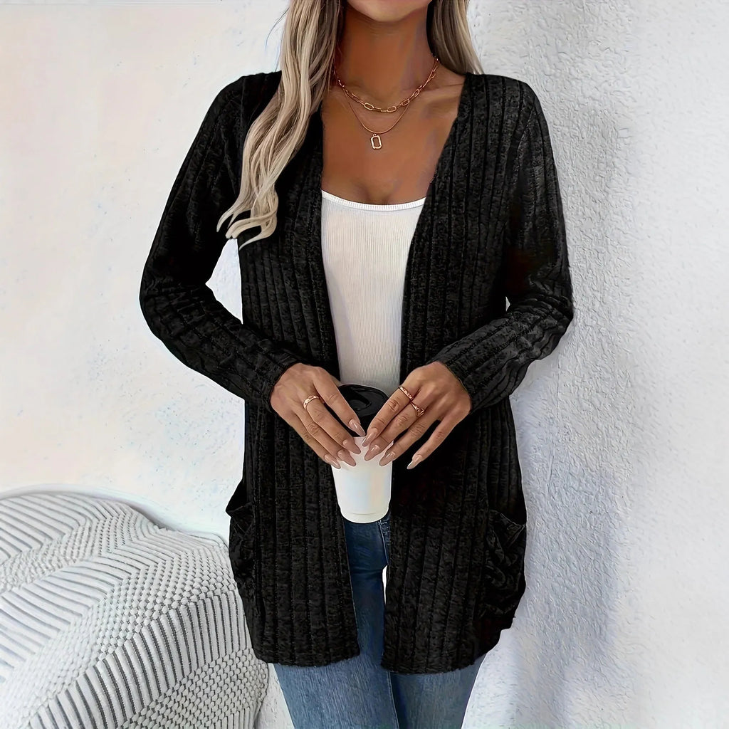 Solid colour long sleeve cardigan with pocket in loose fit, available in black or grandma grey