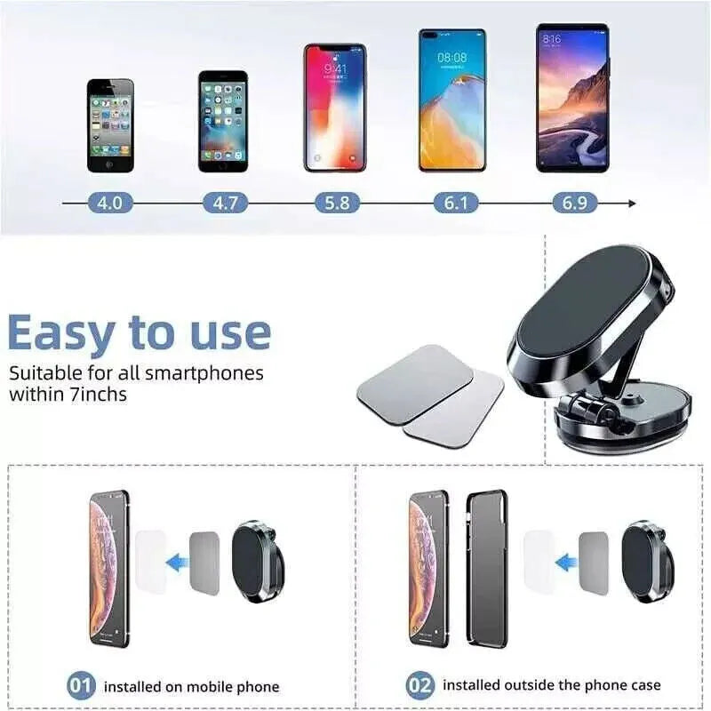 Chrome foldable magnetic car phone holder mounted on a dashboard, showing extended and retracted positions.