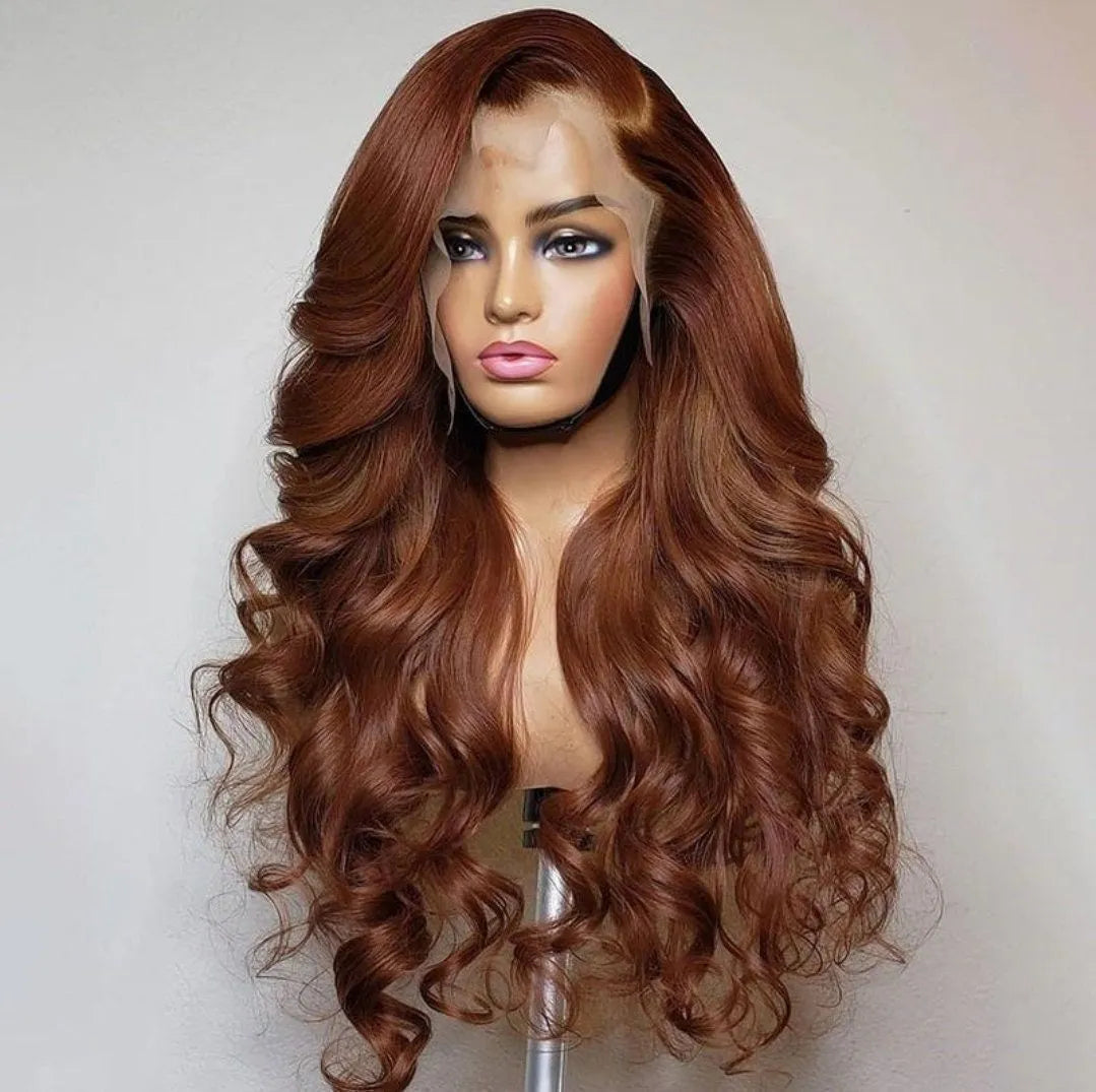 Real human hair straight wig on mannequin head, available in lengths 10 to 30 inches