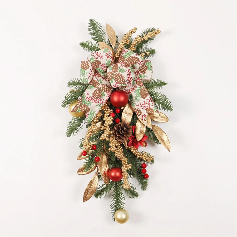 American country style plastic Christmas garland draped on a stair bannister with optional LED lights.