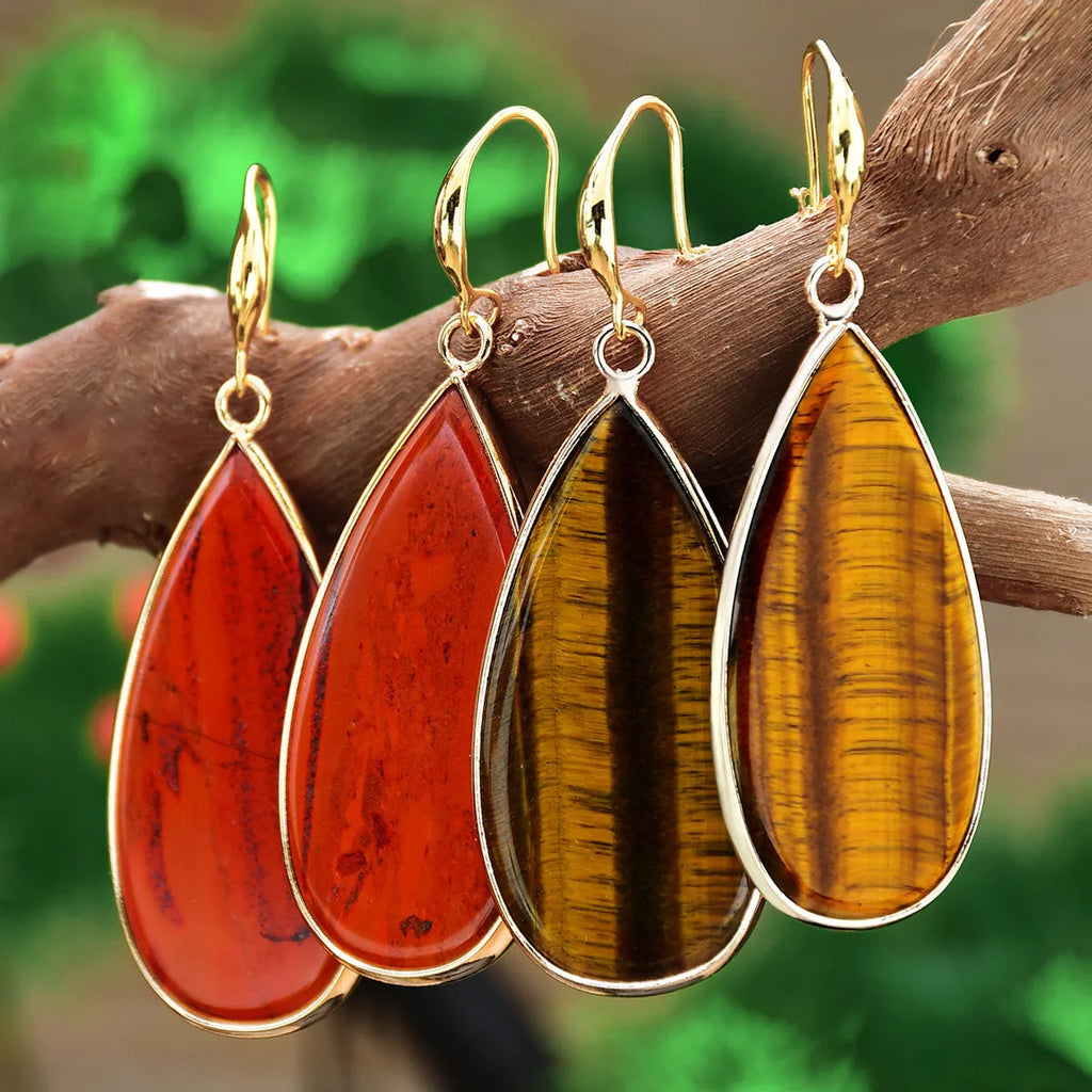 Vintage stone drop earrings in Tigereye with manual craftsmanship and water droplet shape