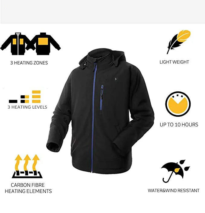 Black men's waterproof windproof thermal winter coat with zipper pockets.