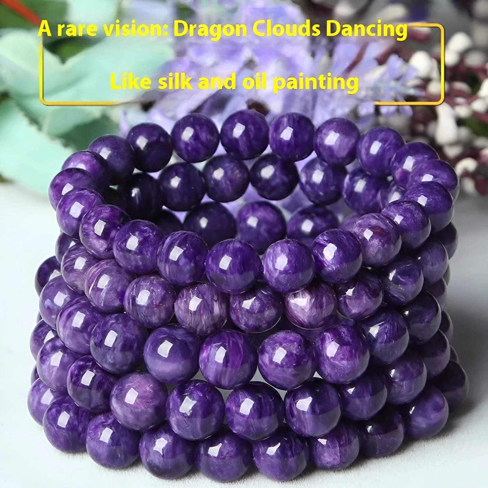 Natural transparent charoite beaded bracelet with platinum elements in selected bead size