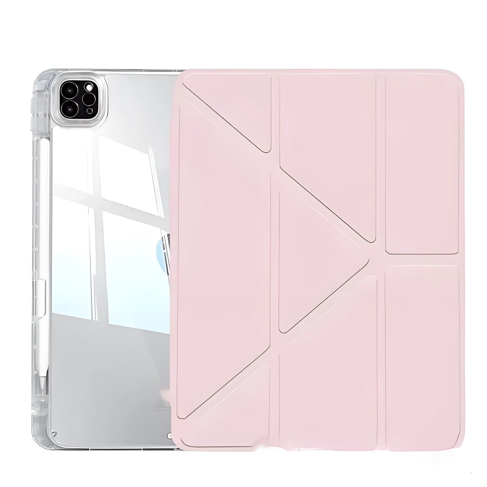 Transparent acrylic iPad case with a folding magnetic stand, shown in multiple colour options.