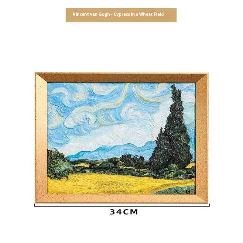 DIY paint by numbers kit showing Van Gogh's Starry Night canvas with acrylic paints and brushes