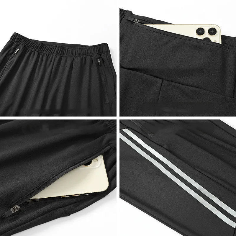 Men's black running trousers with mid waist and full length design for athletic exercise