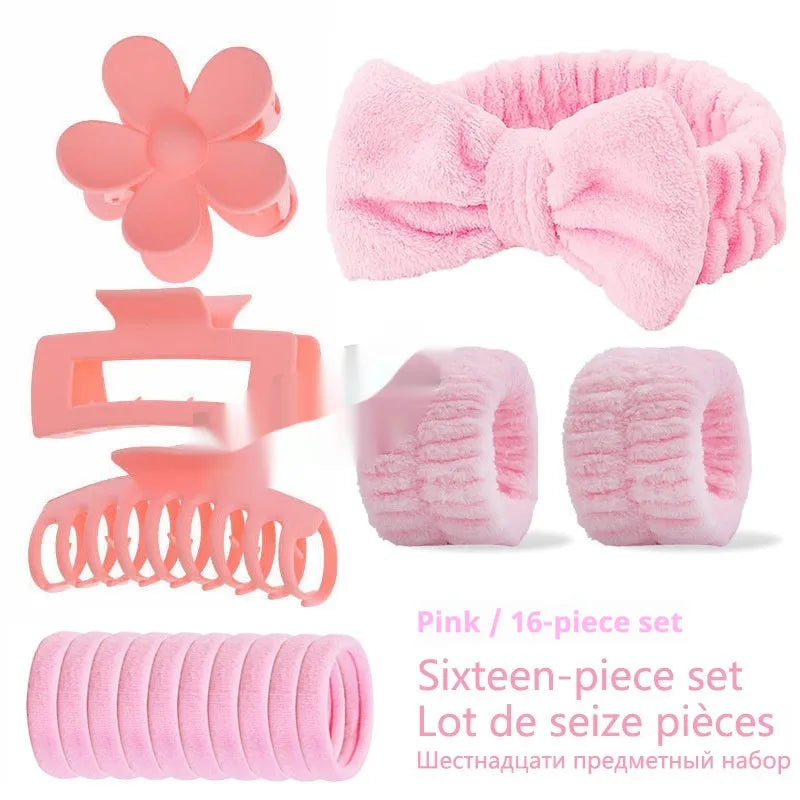 16-piece bow washing face hair band set in assorted colours with plaid pattern on OPP packaging