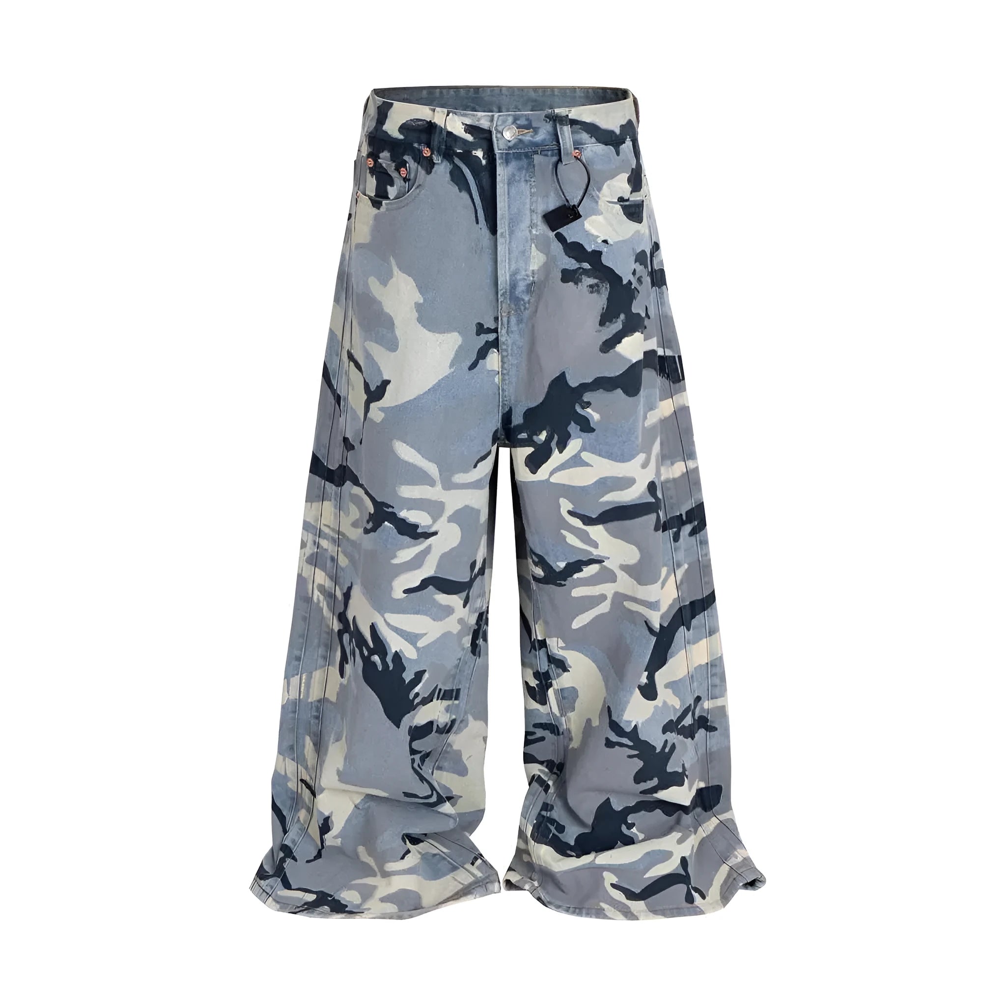 Snow camouflage blue loose fit jeans showing front and back views with mid waist design