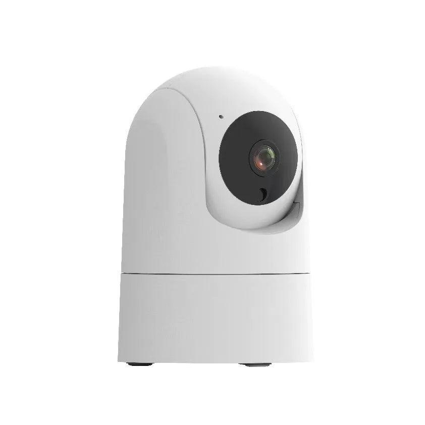 White indoor pan/tilt security camera with lens and microphone on a compact ABS/PC housing.