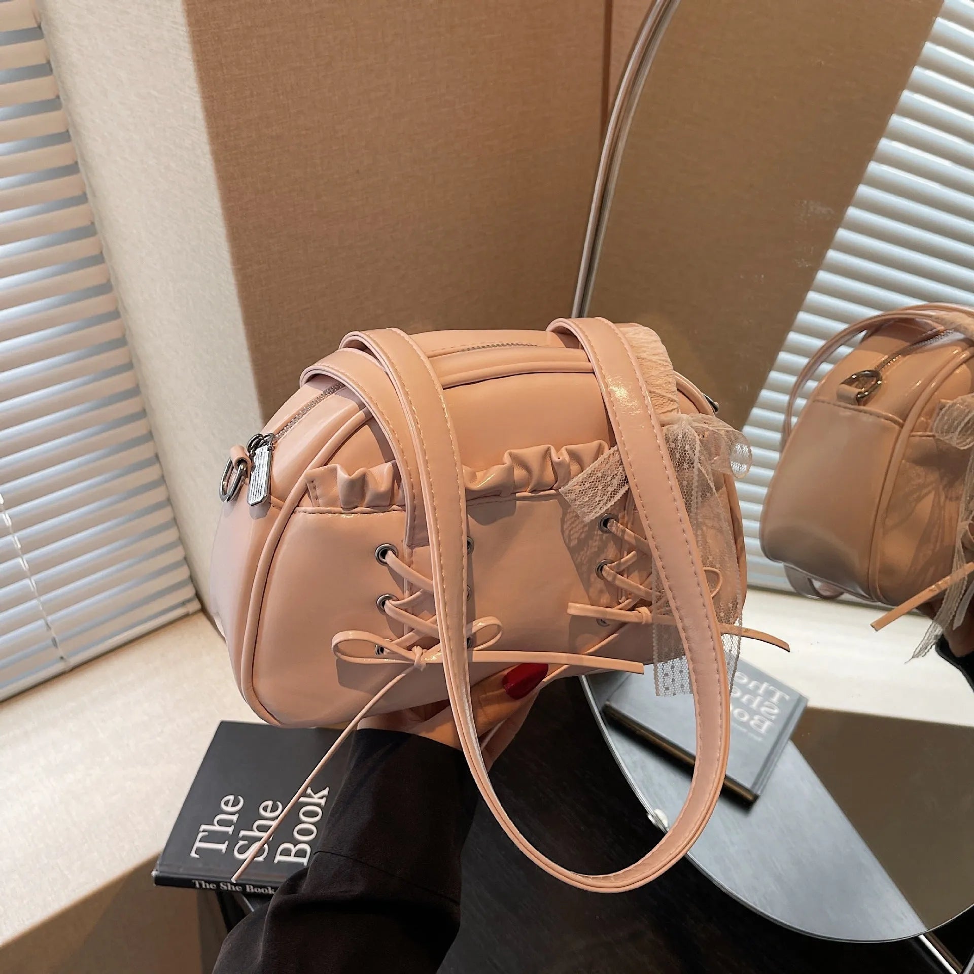 Women's bandage bow PU leather shoulder handbag with mobile phone compartment in beige colour