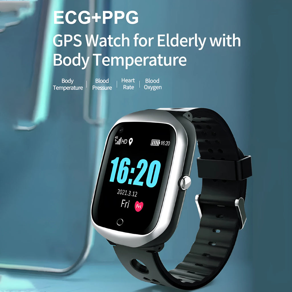 Square-faced black smartwatch for elderly with GPS, SOS button, and silicone strap on wrist