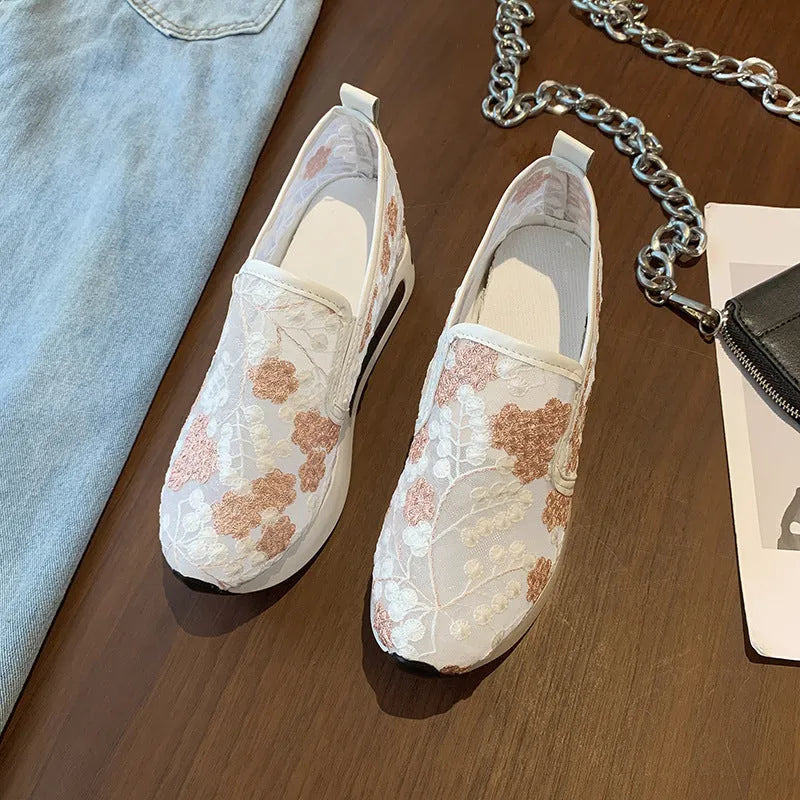 Women's mesh lace high heel sneakers in solid colour with flower pattern, rubber sole, sizes 35-42