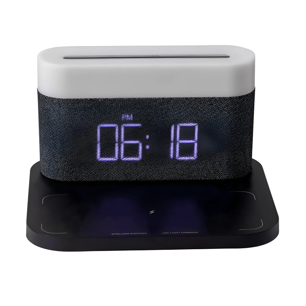 Black and white wireless charger desktop clock with night light and modern minimalist design