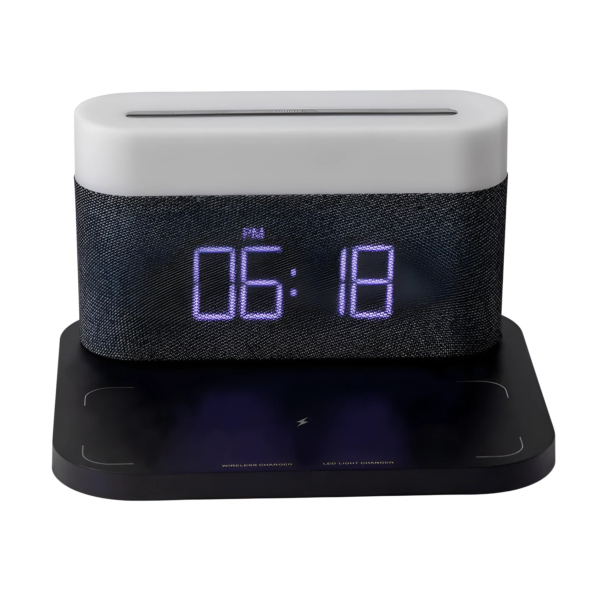 Black and white wireless charger desktop clock with night light and modern minimalist design