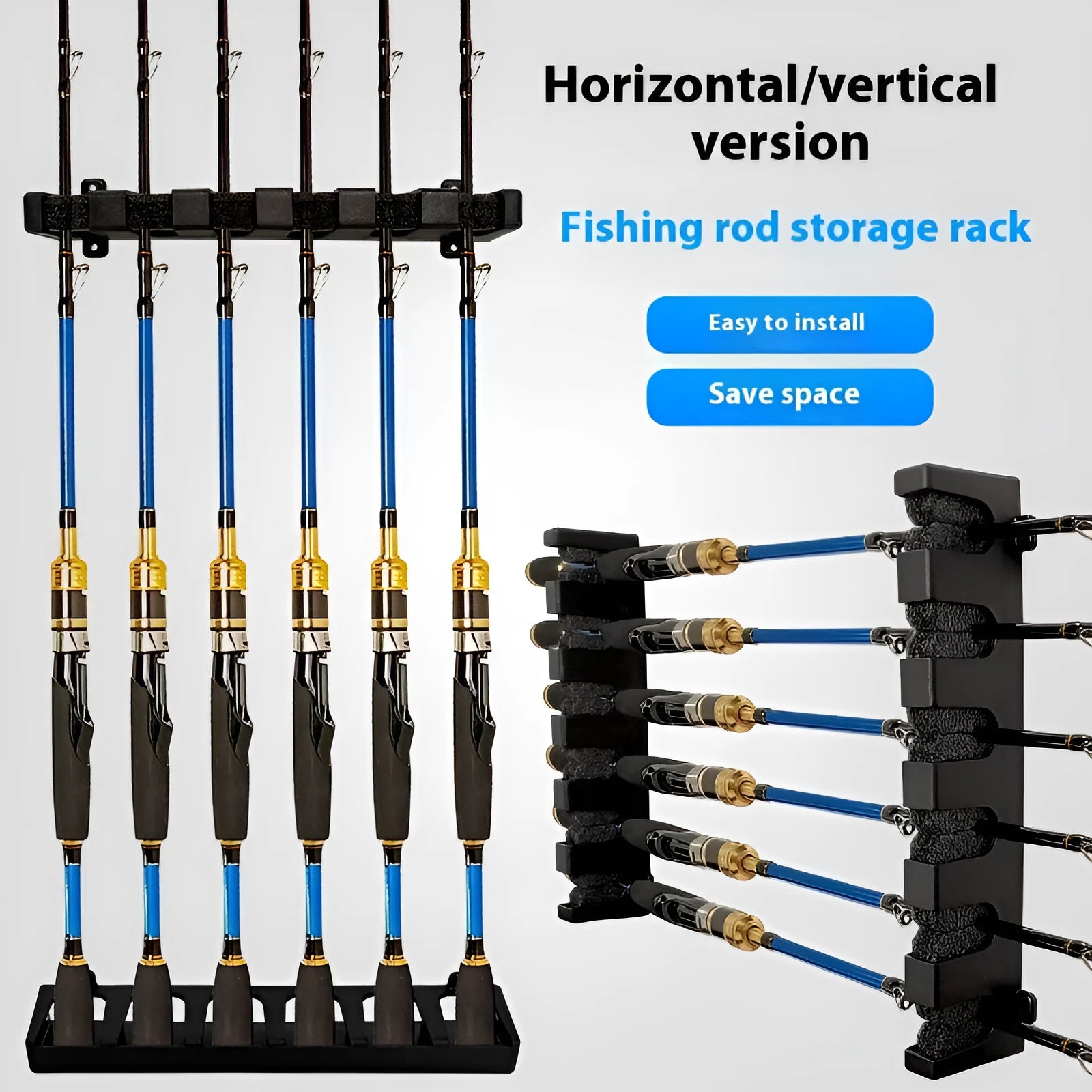 ABS plastic wall mounted fishing rod holder in upright and horizontal styles with black screws
