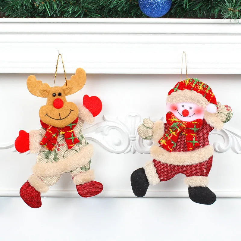 Set of 4 festive Christmas tree ornaments Santa snowman reindeer bear figures with red white scarves gold balls red bows