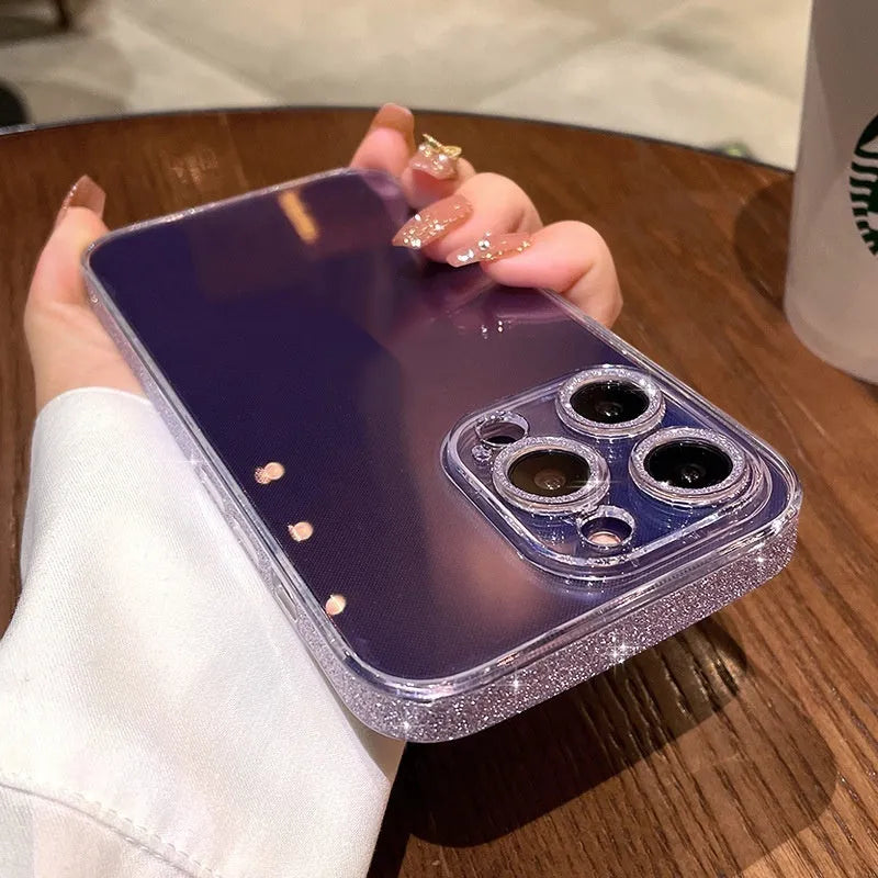 Starry glitter transparent glass phone case for iPhone 14 Pro Max with electroplated finish in Yuefeng blue
