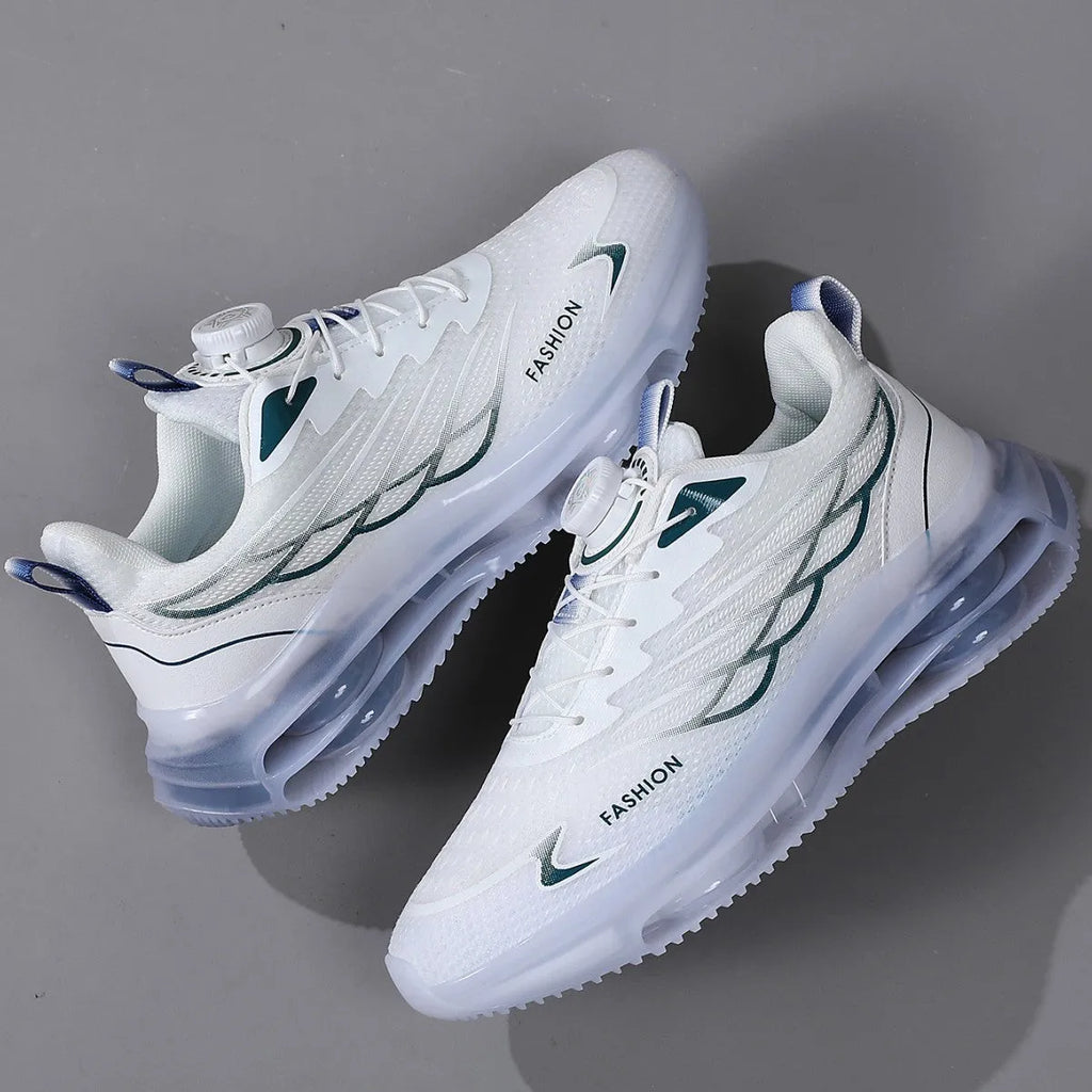 White low-top Korean style casual sports shoes with rotating button and lace-up closure on a rubber sole.